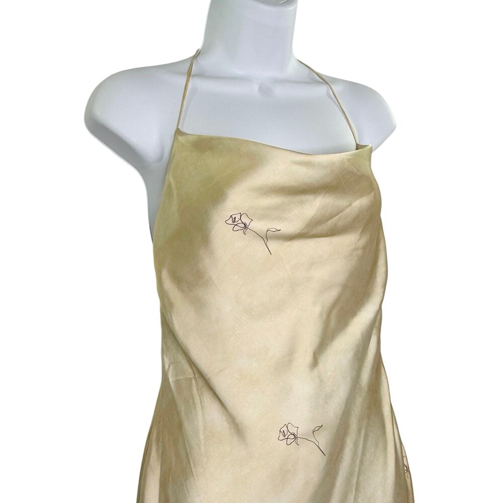 Zara Cream Satin Midi Slip Dress S Flower Line Drawing Cut Out Back Sleek - Picture 4 of 12